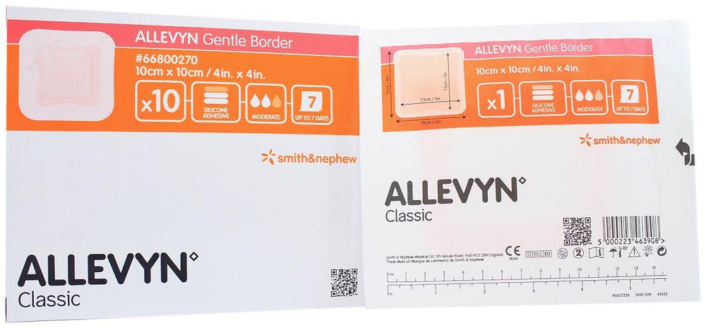 Allevyn front packaging showing dressing box and clear product branding, supports quick identification