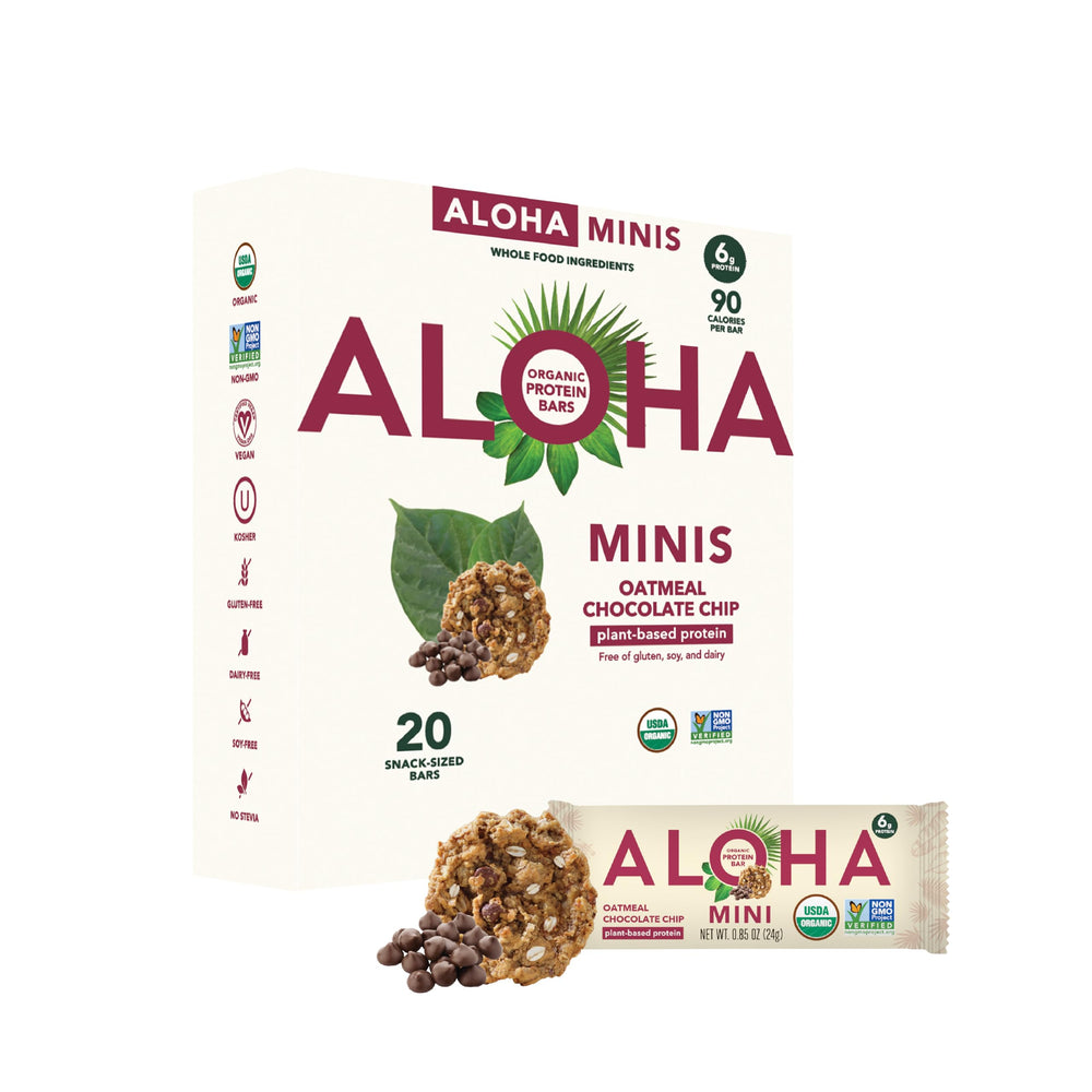 ALOHA box front packaging showing 20 mini bars and organic seal, convenient storage benefit