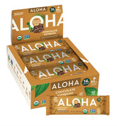 ALOHA box front view showcasing organic chocolate espresso bars and benefits