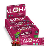 ALOHA front packaging showing Chocolate Cherry bars and organic badge, highlights clean ingredients