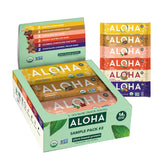 ALOHA front packaging showing 12-count variety pack and organic labels