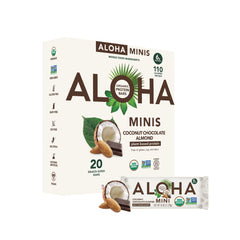 ALOHA front packaging showing coconut chocolate almond flavor and organic claim