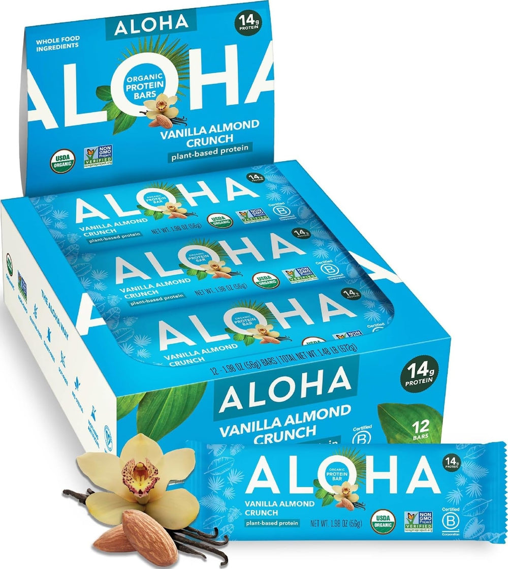 ALOHA front packaging of Vanilla Almond Crunch showing box and branding for easy identification and convenience