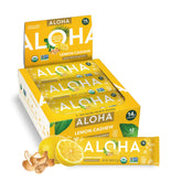ALOHA front box showing Lemon Cashew flavor and organic benefits