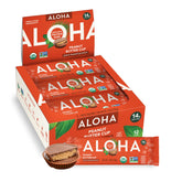 ALOHA front packaging showing organic peanut butter cup bars and product benefits