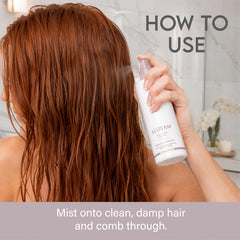 ALURAM applying spray to damp hair for easier detangling