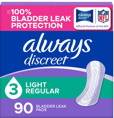 Always Discreet front packaging showing 90-count supply and convenience