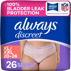 Always Discreet front packaging showing XL 26ct and discreet benefits