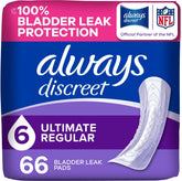 Always Discreet front packaging showing 66 count and convenience