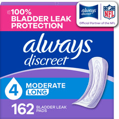 Always Discreet front packaging showing 162ct and long length benefit