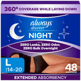 Always Discreet front packaging showing overnight protection benefit