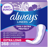 Always brand front packaging showing extra-long unscented liners and quantity benefit
