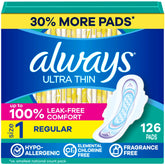 Always front packaging showing Size 1 126-count for reliable daily protection