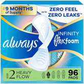 Always Infinity front pack showing 96 count and key benefits for reliable supply