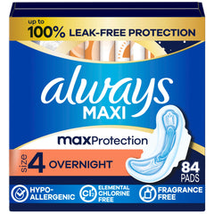Always front packaging showing three 28-count packs for overnight convenience