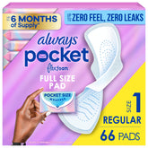 Always Pocket front packaging showing compact 22-count pack and benefits