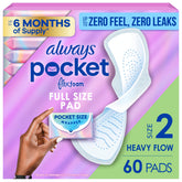 Always Pocket front packaging showing compact resealable packs and brand benefit
