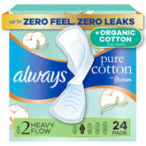 Always Pure Cotton front packaging showing 24-count and features for confident protection