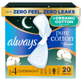 Always Pure Cotton front packaging showing size 4 and 20 count benefit