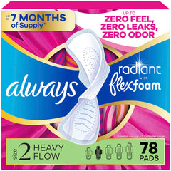 Always Radiant front packaging showing count and heavy absorbency benefit