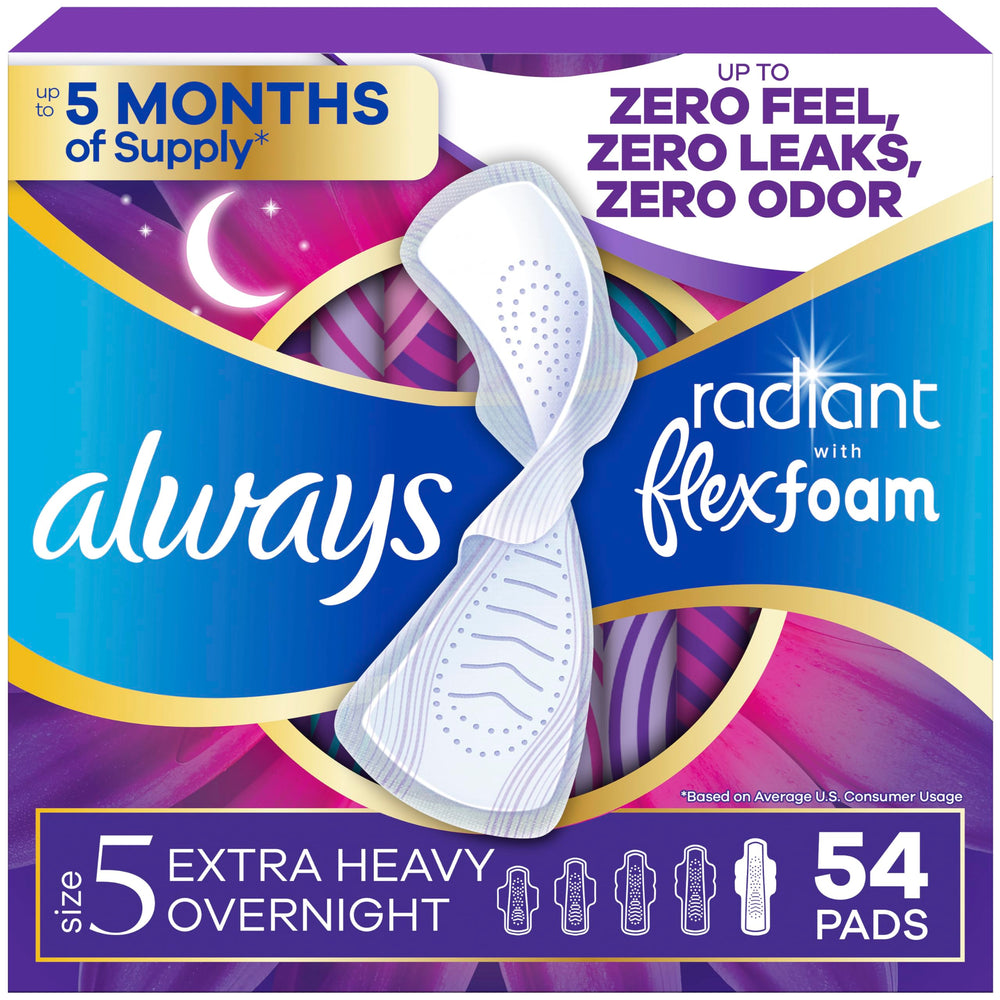 always radiant front packaging showing 54 count and overnight benefit