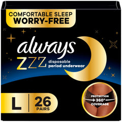 Always ZZZs front packaging showing size L and 26 count, ensures overnight protection