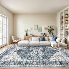 AMADA HOMEFURNISHING front view of blue 8x10 rug shows style and coverage