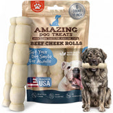 Amazing Dog Treats front packaging showing 10-inch mega thick beef cheek rolls and pack benefit