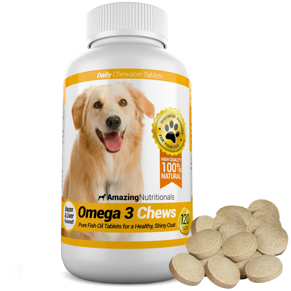 Amazing Nutritionals front jar view showing 120-count bacon chews and benefits