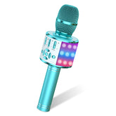 Amazmic front view blue showing speaker and buttons, encourages playful singing