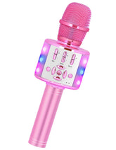 Amazmic front view of light pink kids microphone showing playful design and speaker for instant fun