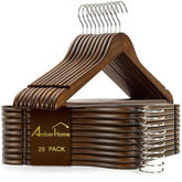 Amber Home front view of 20 wooden hangers neatly stacked, polished finish, tidy closet benefit