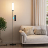 Ambimall floor lamp front view showing sleek black profile and bright illumination benefit