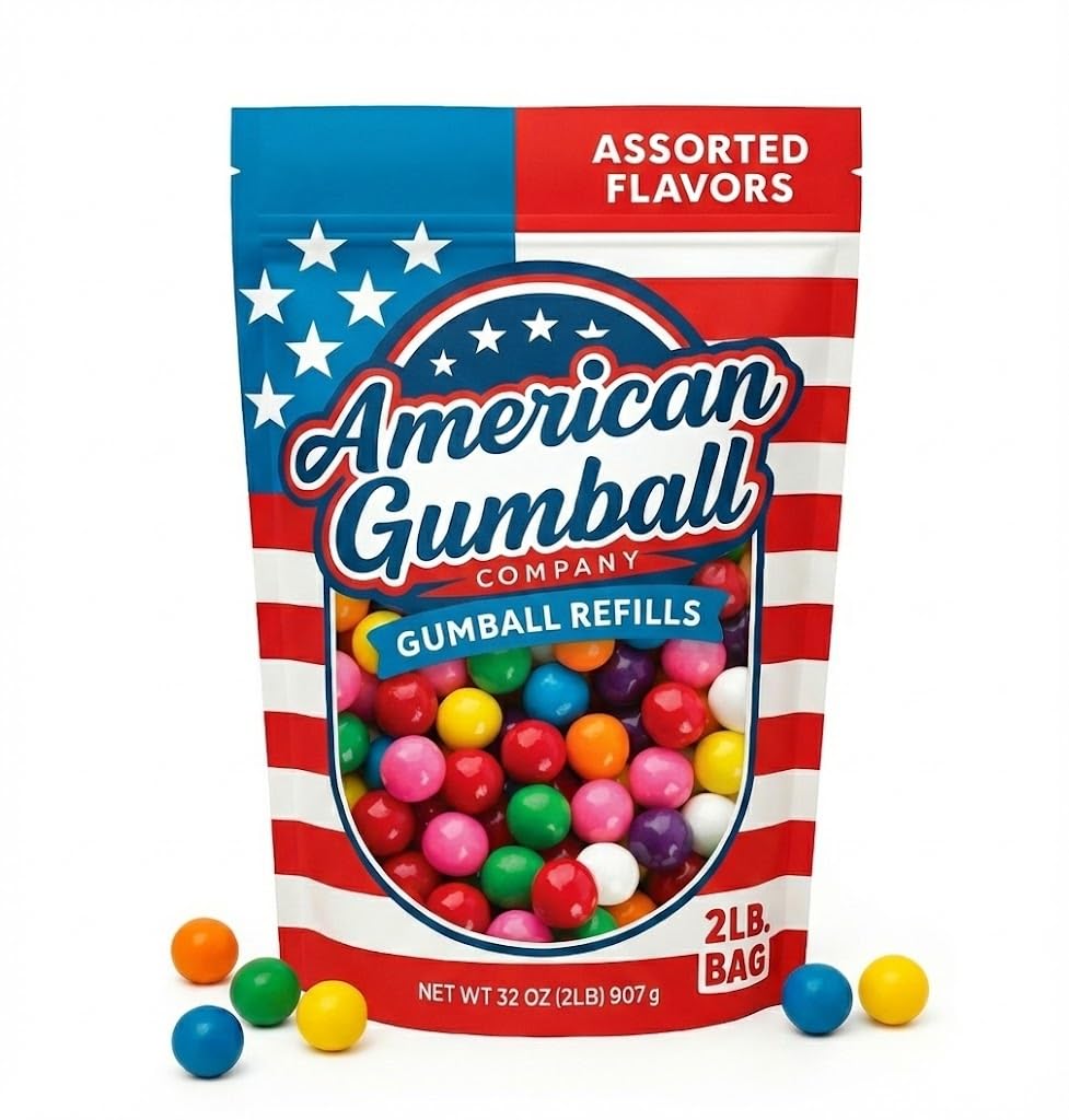 American Gumball Company front of bag showing branding and quantity, highlights convenience