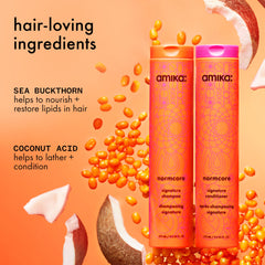 amika shampoo pearly texture on palm showing moisturizing, lightweight formula