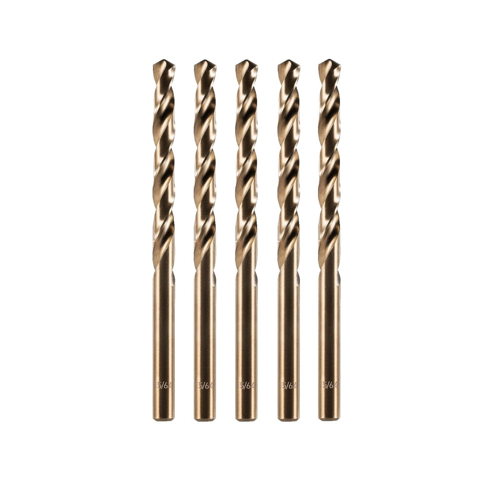 amoolo front packaging showing five 15/64" cobalt drill bits and benefits