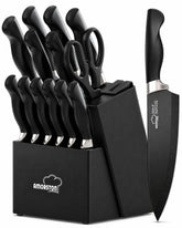 Amorston front view of block and knives showing organized countertop storage and modern look