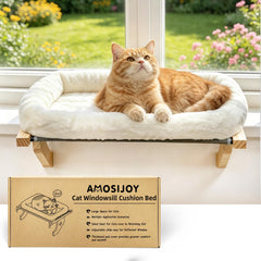 AMOSIJOY front view of wooden windowsill perch showing full assembly and cozy cushion benefit