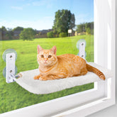 AMOSIJOY front view of white window perch showing stable metal frame and mattress benefit