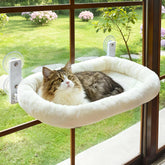 AMOSIJOY front view of window perch showing tidy white frame and cushion, comfortable lookout