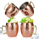 Amrules front view of four copper mugs neatly boxed, great for gifting