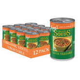 Amy's front can showing lentil vegetable soup and organic labeling benefit convenience