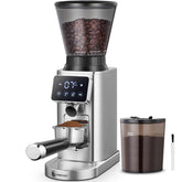 AMZCHEF front view showing metallic silver grinder and compact footprint for countertop convenience