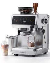 AMZCHEF front view showing compact espresso machine and integrated grinder for convenience
