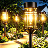 Amzrap front view of the eight-pack lights showing warm white glow and packaging benefit