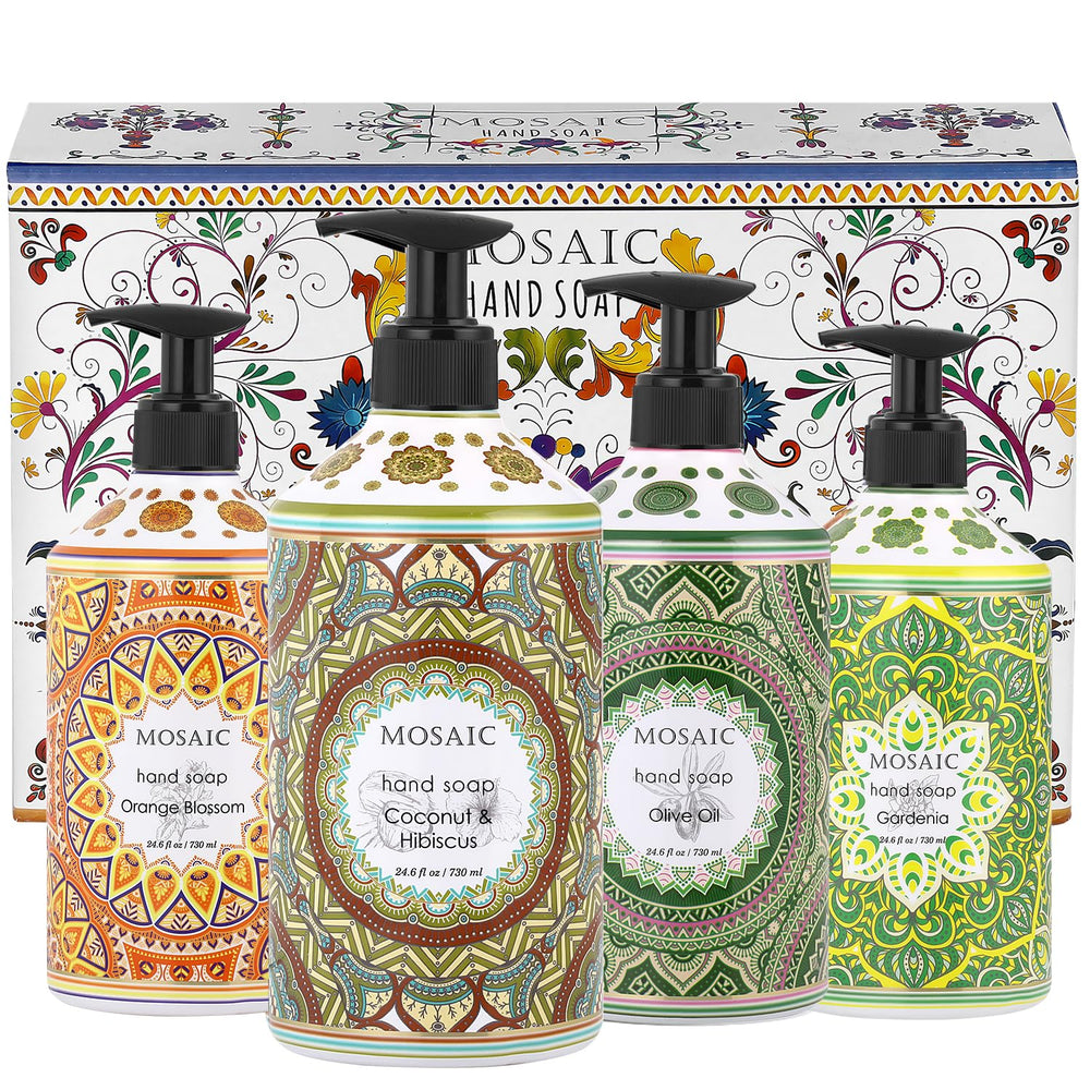 AnatoliaDaphne front packaging of four-scent mosaic hand soap set showcasing elegant bottles and pumps