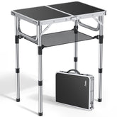 Anbte front view of folded table with carry handle showing portability