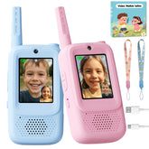 ANBURI front view of blue and pink walkie talkies showing buttons and antenna benefit: clear controls