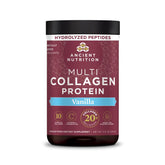 Ancient Nutrition front packaging showing vanilla collagen benefits and easy mixing