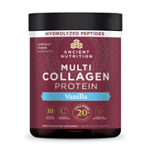 Ancient Nutrition front label of vanilla multi collagen powder showing product benefits